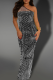 Black Sexy Solid Color Slit Hot Drill Oblique Collar Long Dresses