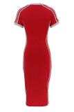 Red Casual Contrast V Neck Long Dresses