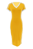 Red Casual Contrast V Neck Long Dresses