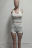 White Casual Solid Color Beading Halter Sleeveless Two Pieces