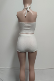 White Casual Solid Color Beading Halter Sleeveless Two Pieces