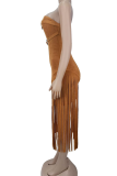 Black Sexy Solid Color Fringed Trim Strapless Long Dresses