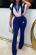 Blue Casual Zipper Contrast Zipper Collar Regular Jumpsuits
