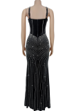 Black Sexy Solid Color Backless Hot Drill Spaghetti Strap Long Dresses