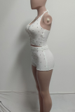 White Casual Solid Color Beading Halter Sleeveless Two Pieces