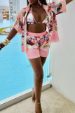 Pink Casual Print Buckle Turndown Collar Half Sleeve Two Pieces