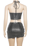 Black Sexy Sequins See-Through Halter Sleeveless Two Pieces