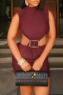 Dark Brown Sexy Solid Color Backless O Neck Wrapped Skirt Dresses