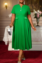 Green Elegant Solid Color Rhinestone Decor V Neck Long Plus Size Dresses