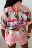 Pink Casual Print Buckle Turndown Collar Half Sleeve Two Pieces