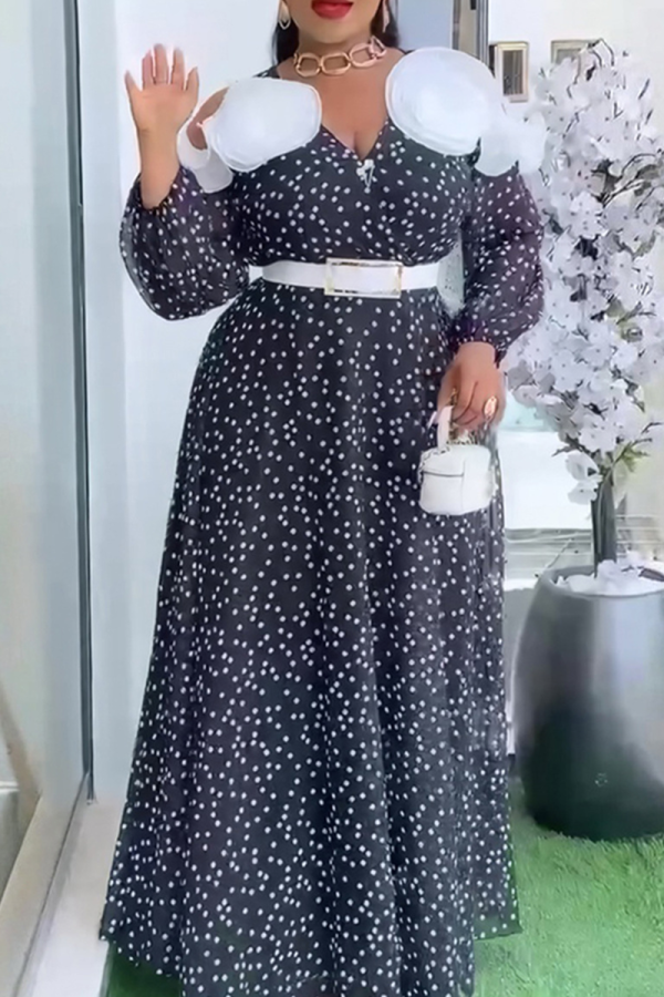 Black Elegant Polka Dot With Belt V Neck Long Plus Size Dresses