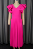 Rose Red Elegant Solid Color Pleated Flounce V Neck Long Dresses
