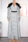 Red Elegant Polka Dot With Belt V Neck Long Plus Size Dresses