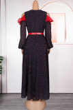 Red Elegant Polka Dot With Belt V Neck Long Plus Size Dresses