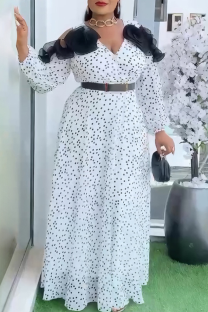 White Elegant Polka Dot With Belt V Neck Long Plus Size Dresses