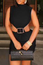 Black Sexy Solid Color Backless O Neck Wrapped Skirt Dresses
