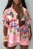 Pink Casual Print Buckle Turndown Collar Half Sleeve Two Pieces