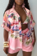 Pink Casual Print Buckle Turndown Collar Half Sleeve Two Pieces