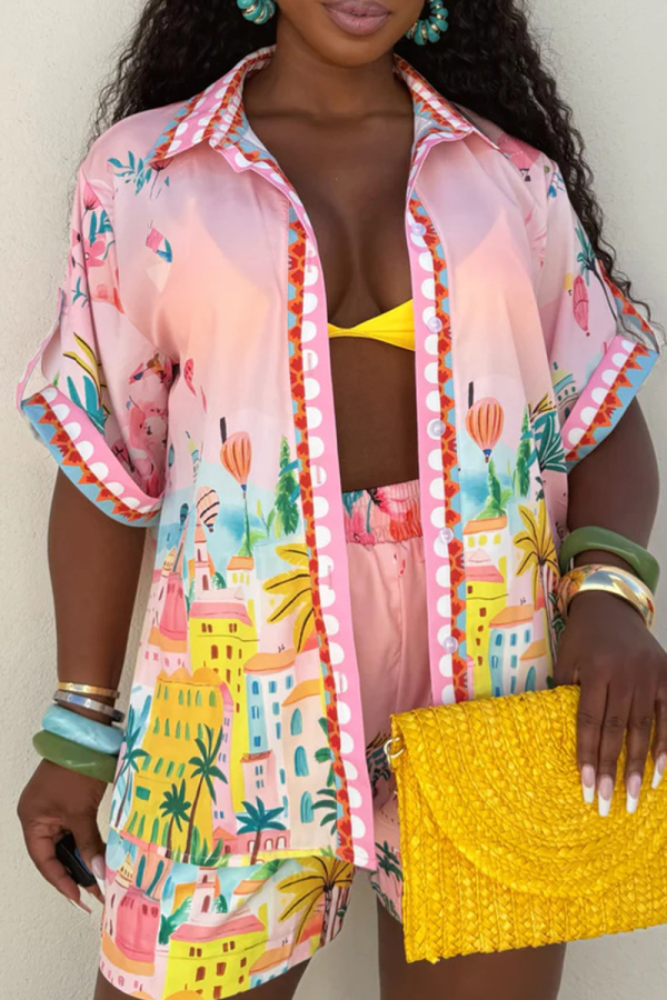 Yellow Casual Print Buckle Turndown Collar Half Sleeve Two Pieces