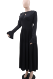 Black Elegant Solid Color Hollow Out O Neck Long Dresses