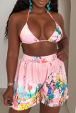 Pink Casual Print Buckle Turndown Collar Half Sleeve Two Pieces