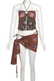 Brown Sexy Print Hollow Out 3 Piece Sets