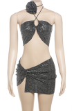 Black Sexy Sequins See-Through Halter Sleeveless Two Pieces