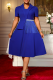 Blue Elegant Solid Color Fringed Trim Turn-back Collar Long Plus Size Dresses