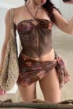 Brown Sexy Print Hollow Out 3 Piece Sets