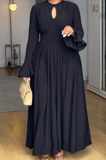 Black Elegant Solid Color Hollow Out O Neck Long Dresses
