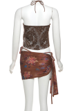 Brown Sexy Print Hollow Out 3 Piece Sets