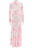 Pink Elegant Print Hollow Out O Neck Long Dresses
