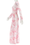 Pink Elegant Print Hollow Out O Neck Long Dresses