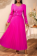 Rose Red Elegant Solid Color Pearls Decor Pleated V Neck Long Dresses