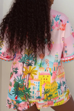 Pink Casual Print Buckle Turndown Collar Half Sleeve Two Pieces