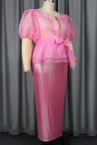 Pink Elegant Solid Color See-Through Strap Design O Neck Short Sleeve Two Pieces