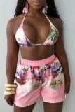 Pink Casual Print Buckle Turndown Collar Half Sleeve Two Pieces