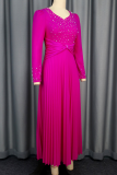 Rose Red Elegant Solid Color Pearls Decor Pleated V Neck Long Dresses