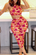 Rose Red Sexy Print Patchwork O Neck Sleeveless Two Pieces