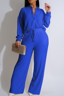 Blue Casual Solid Color Draw String Buckle Turndown Collar Long Sleeve Two Pieces