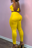 Yellow Sexy Solid Color Spaghetti Strap Sleeveless Two Pieces
