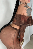 Brown Sexy Print Off Shoulder Long Sleeve Two Pieces