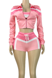 Gray Blue Sexy Stripe Zipper Contrast Zipper Collar Long Sleeve Two Pieces