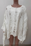 White Sexy Solid Color Ripped Irregular O Neck Tops