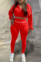 Red Casual Zipper Zipper Collar Long Sleeve Two Pieces