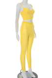 Yellow Sexy Solid Color Spaghetti Strap Sleeveless Two Pieces