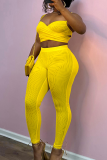 Yellow Sexy Solid Color Spaghetti Strap Sleeveless Two Pieces