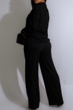 Black Casual Solid Color Draw String Buckle Turndown Collar Long Sleeve Two Pieces
