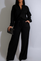 Black Casual Solid Color Draw String Buckle Turndown Collar Long Sleeve Two Pieces
