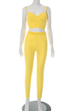 Yellow Sexy Solid Color Spaghetti Strap Sleeveless Two Pieces